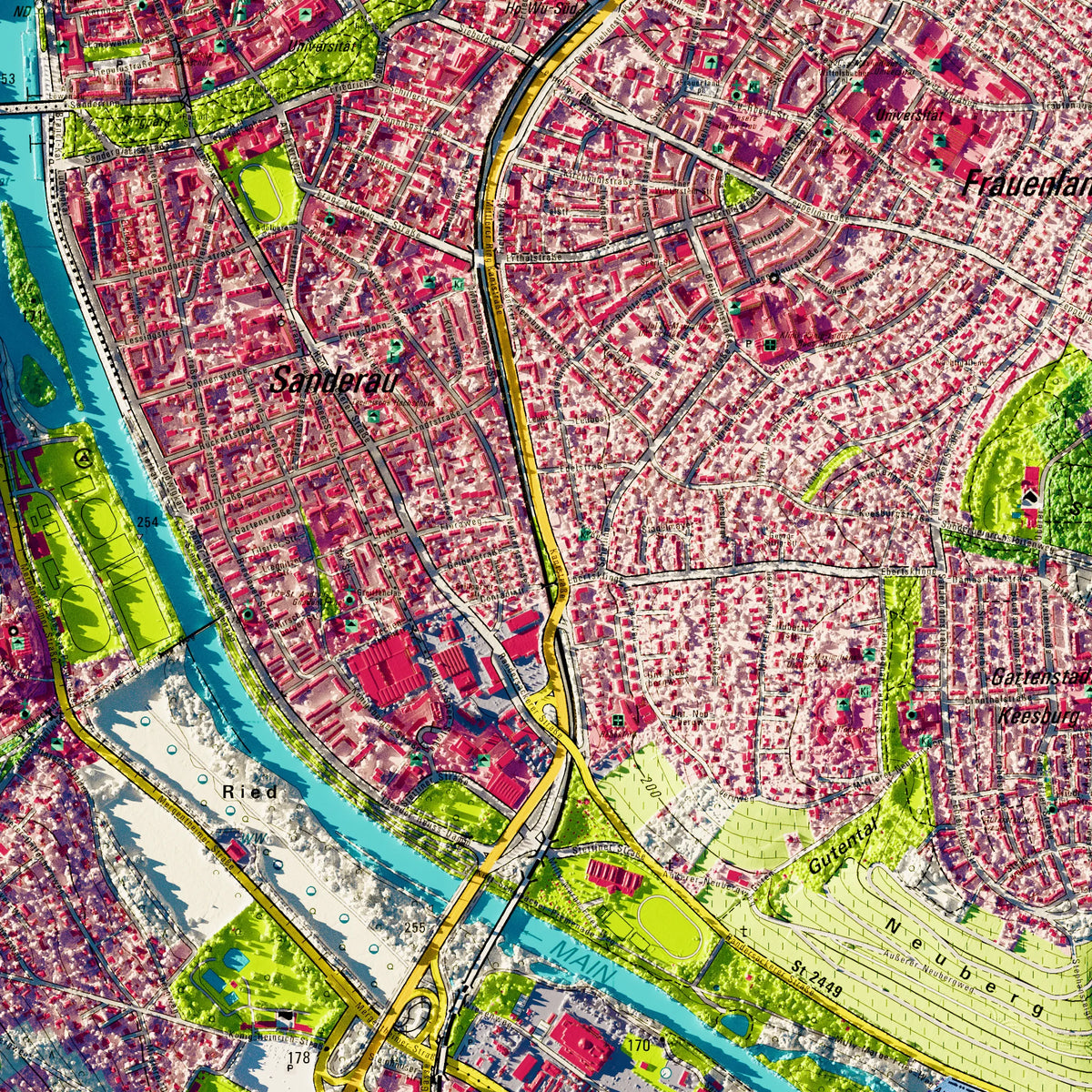 Stadt Würzburg Poster, Detailansicht der Reliefkarte in der Farbvariante Topographisch #dtk