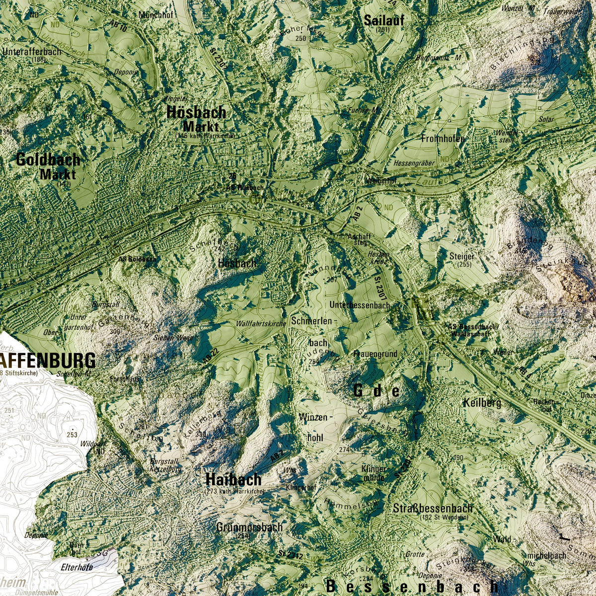 Landkreis Aschaffenburg Poster, Detailansicht der Reliefkarte in der Farbvariante Salbei #c1