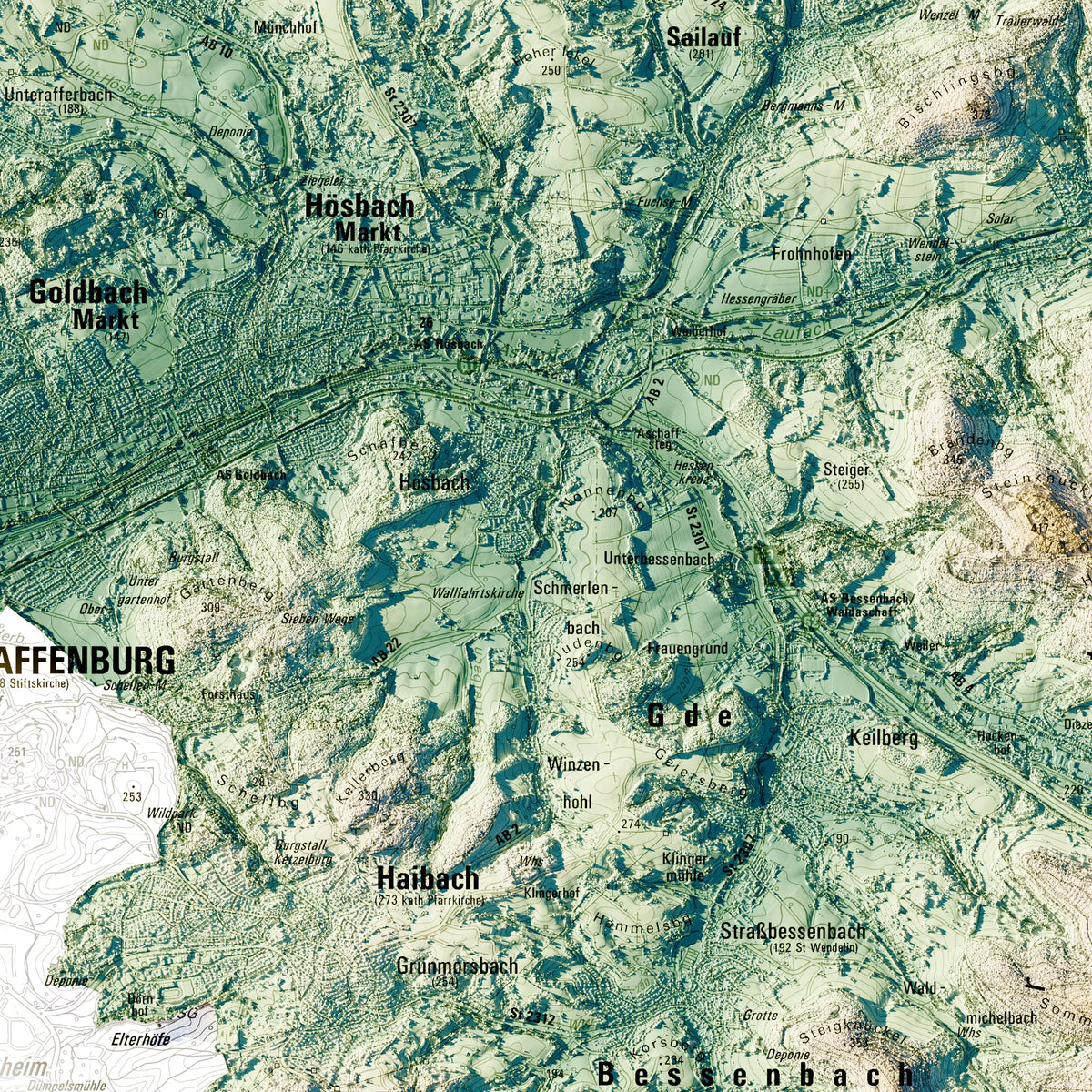 Landkreis Aschaffenburg Poster, Detailansicht der Reliefkarte in der Farbvariante Petrol #c2