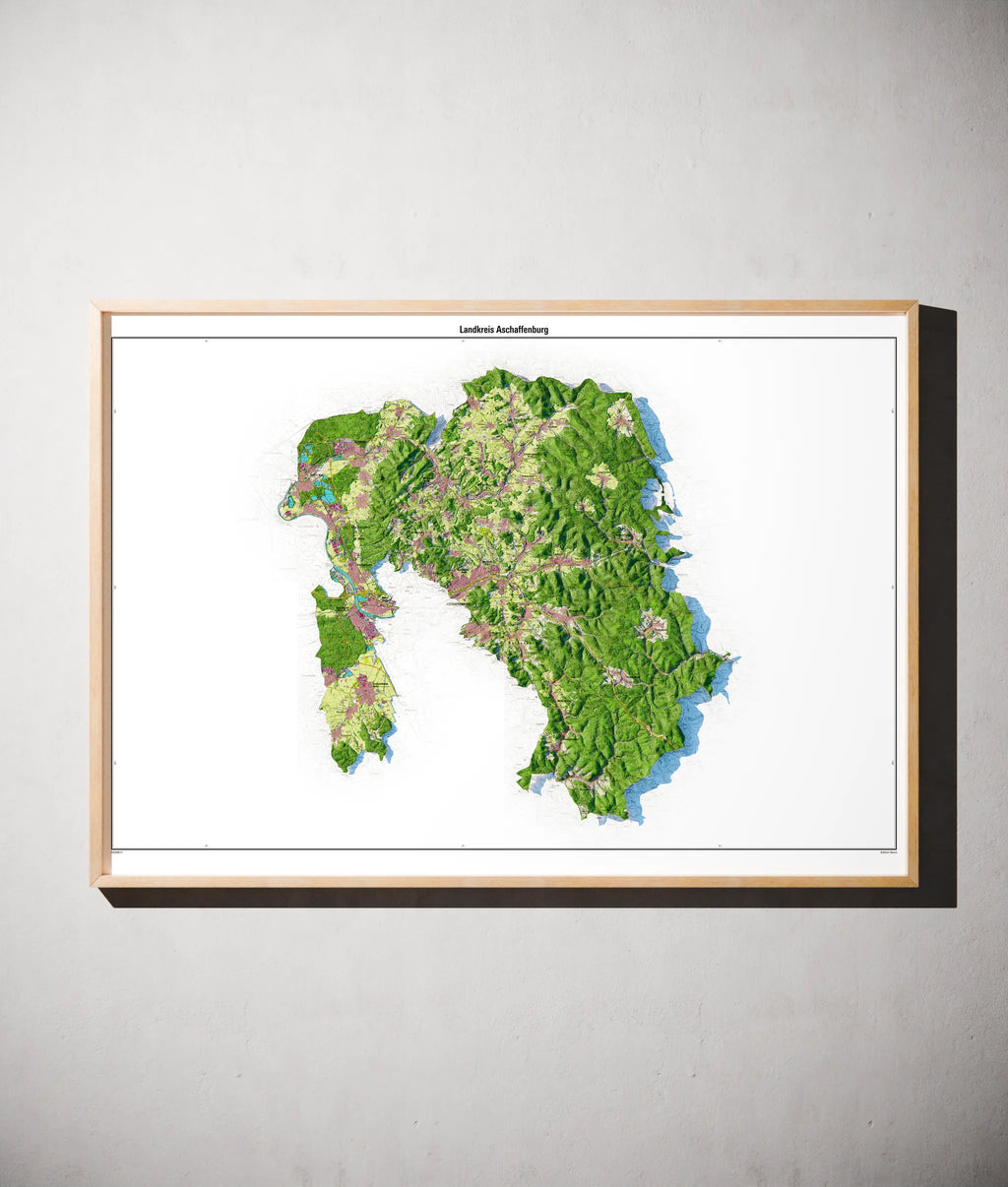Landkreis Aschaffenburg Poster als schattierte Reliefkarte, Farbvariante Topographisch, gerahmt an einer Wand #dtk