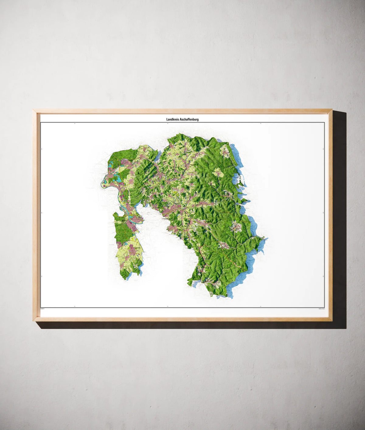 Landkreis Aschaffenburg Poster als schattierte Reliefkarte, Farbvariante Topographisch, gerahmt an einer Wand #dtk