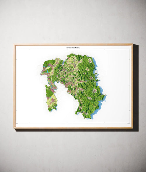 Landkreis Aschaffenburg Poster als schattierte Reliefkarte, Farbvariante Topographisch, gerahmt an einer Wand #dtk