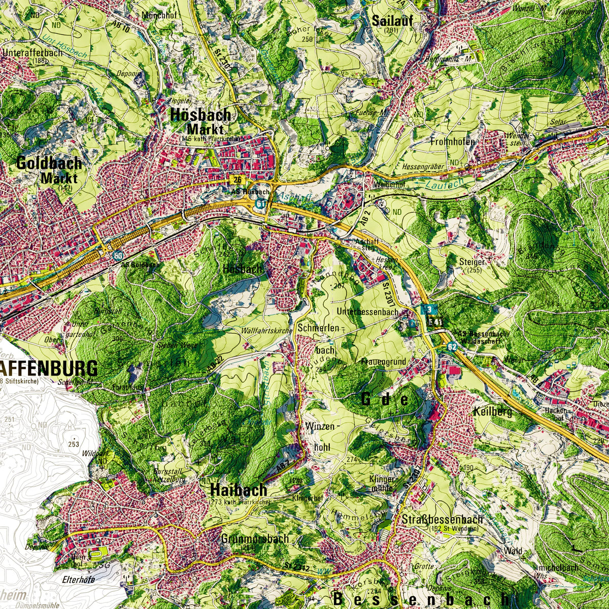 Landkreis Aschaffenburg Poster, Detailansicht der Reliefkarte in der Farbvariante Topographisch #dtk