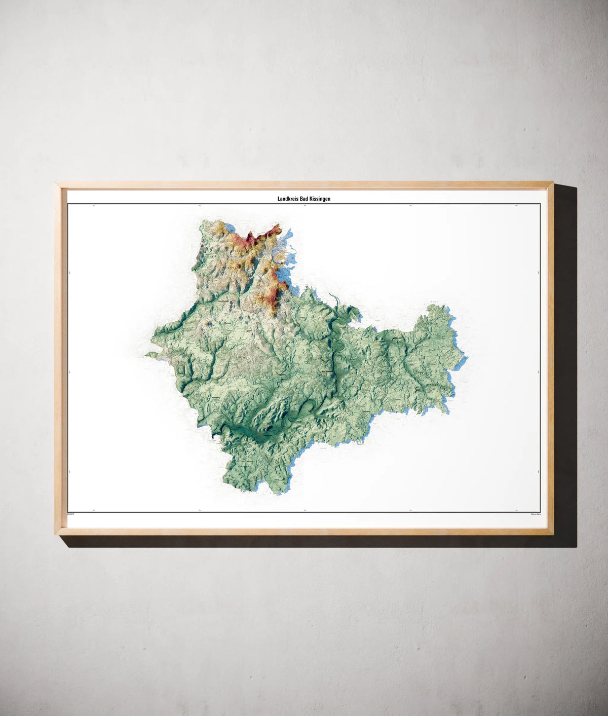 Landkreis Bad Kissingen Poster als schattierte Reliefkarte, Farbvariante Petrol, gerahmt an einer Wand #c2