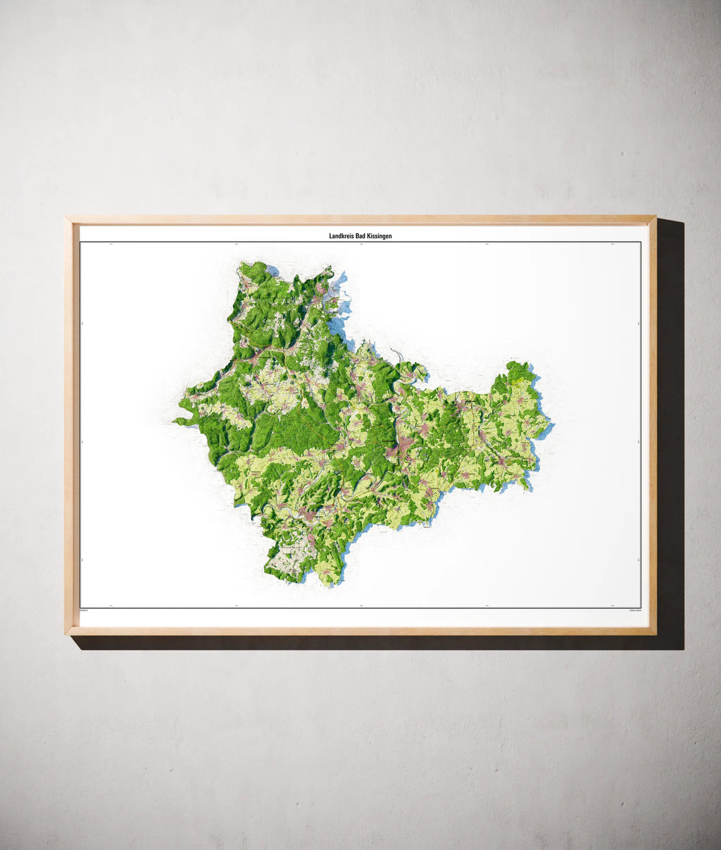Landkreis Bad Kissingen Poster als schattierte Reliefkarte, Farbvariante Topographisch, gerahmt an einer Wand #dtk