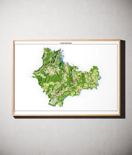 Landkreis Bad Kissingen Poster als schattierte Reliefkarte, Farbvariante Topographisch, gerahmt an einer Wand #dtk