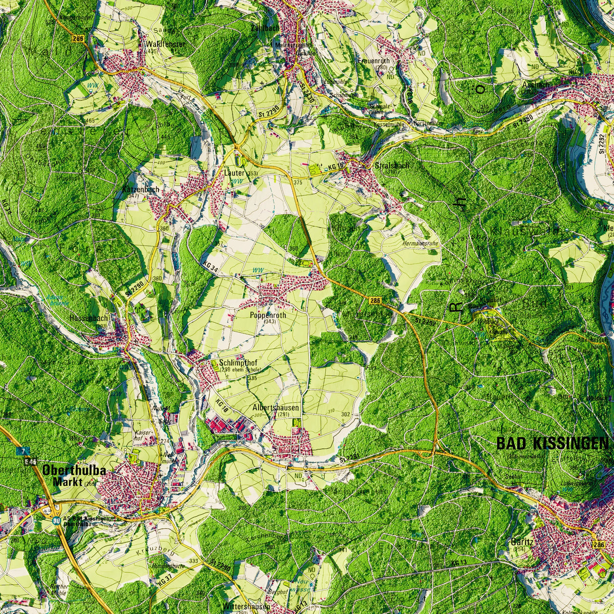 Landkreis Bad Kissingen Poster, Detailansicht der Reliefkarte in der Farbvariante Topographisch #dtk
