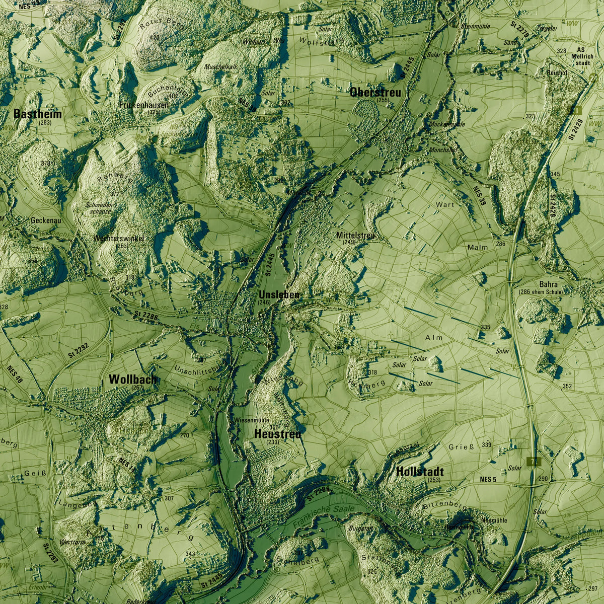 Landkreis Rhön-Grabfeld Poster, Detailansicht der Reliefkarte in der Farbvariante Salbei #c1
