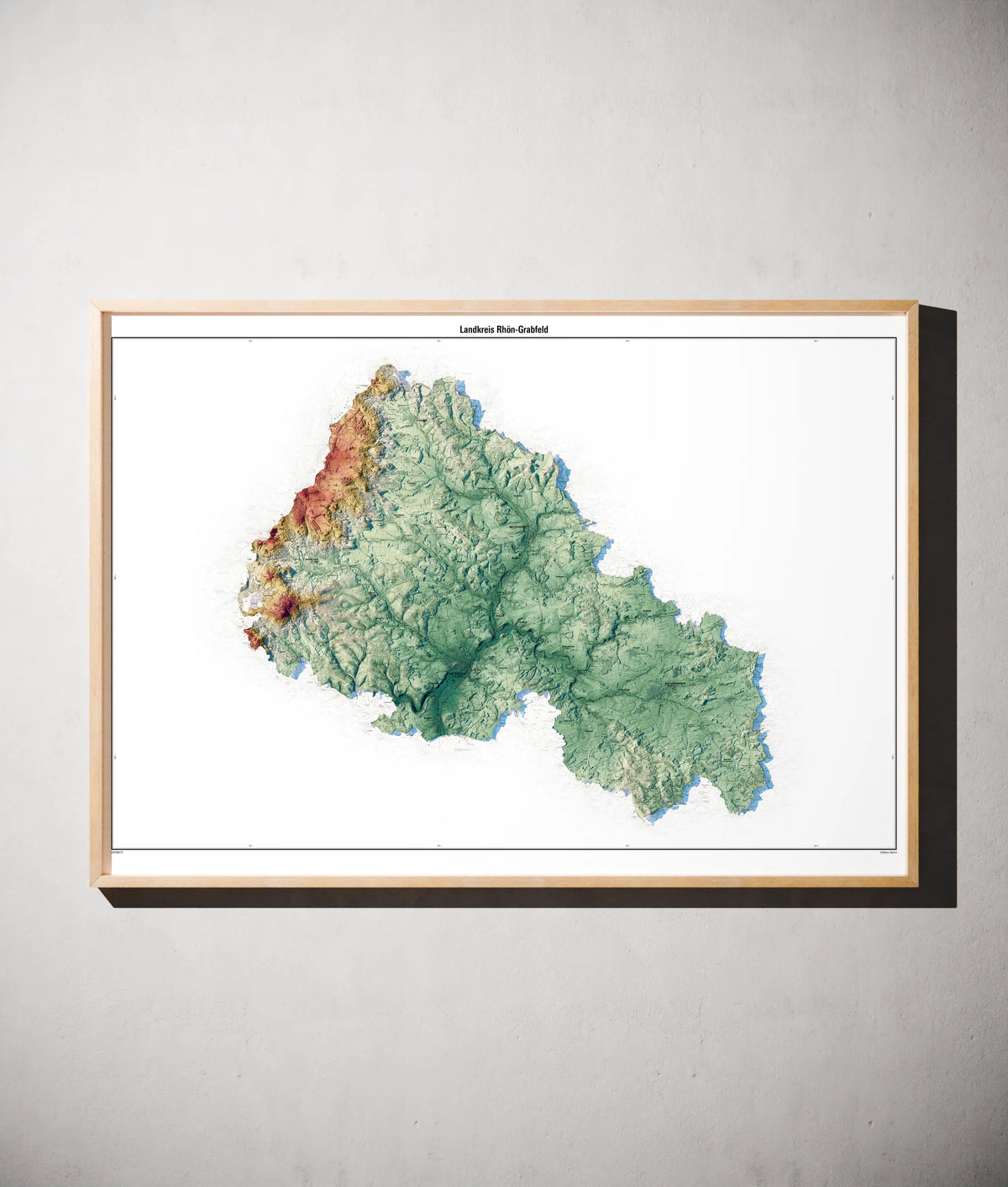 Landkreis Rhön-Grabfeld Poster als schattierte Reliefkarte, Farbvariante Petrol, gerahmt an einer Wand #c2
