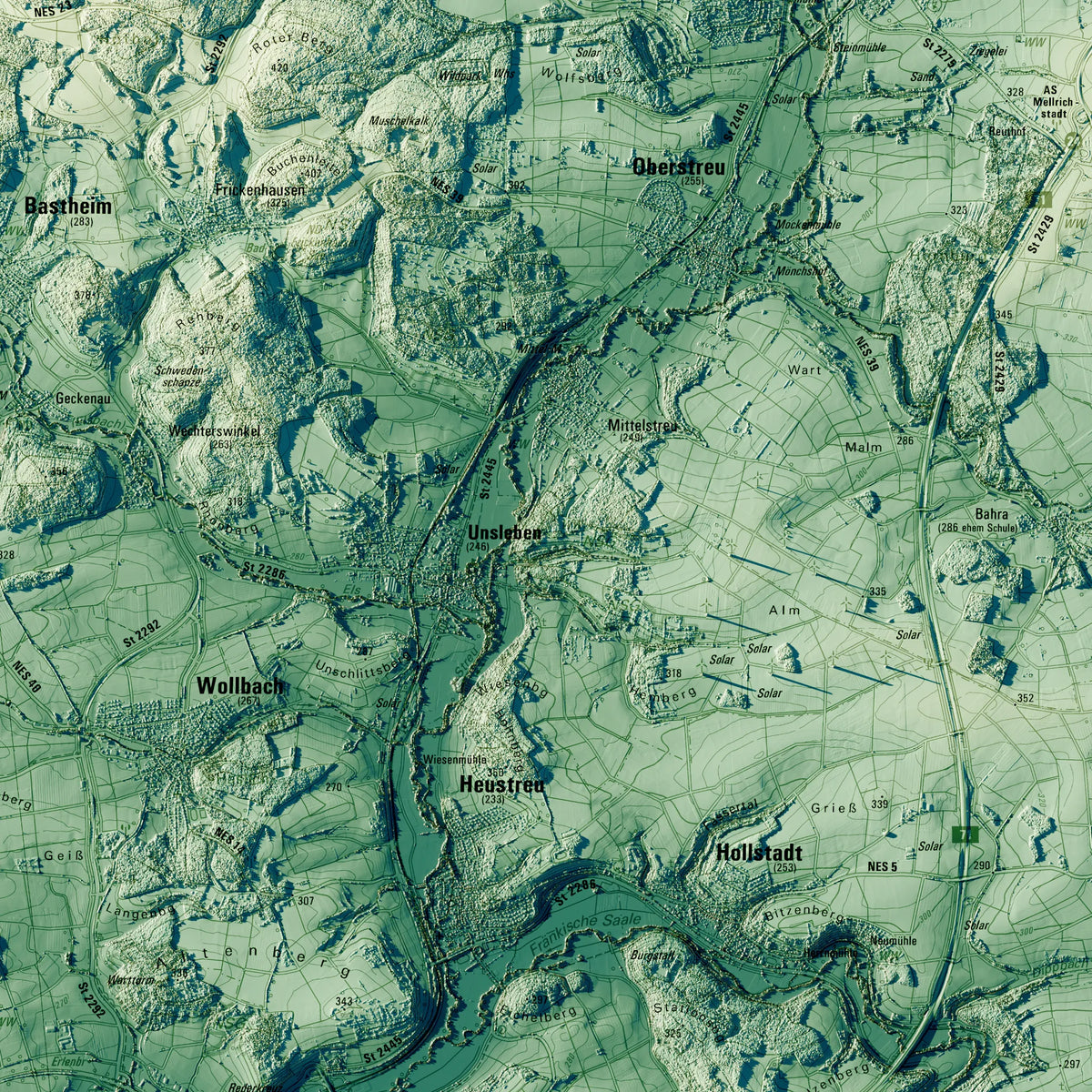 Landkreis Rhön-Grabfeld Poster, Detailansicht der Reliefkarte in der Farbvariante Petrol #c2