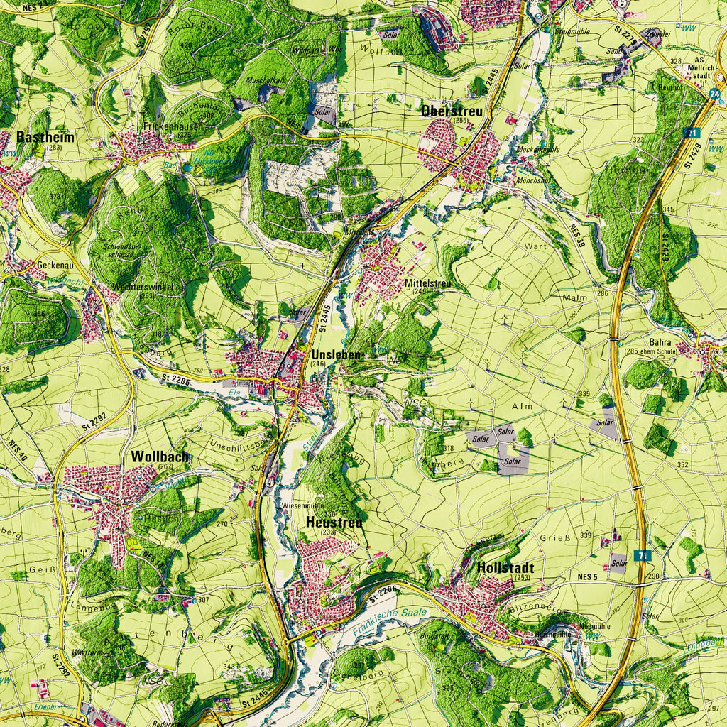 Landkreis Rhön-Grabfeld Poster, Detailansicht der Reliefkarte in der Farbvariante Topographisch #dtk