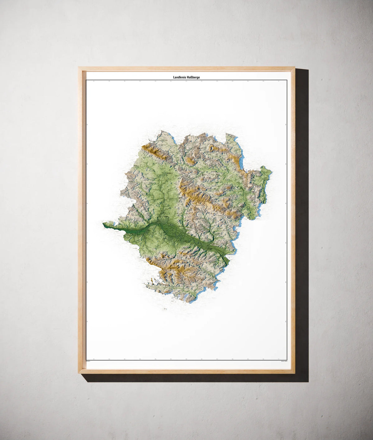 Landkreis Haßberge Poster als schattierte Reliefkarte, Farbvariante Salbei, gerahmt an einer Wand #c1