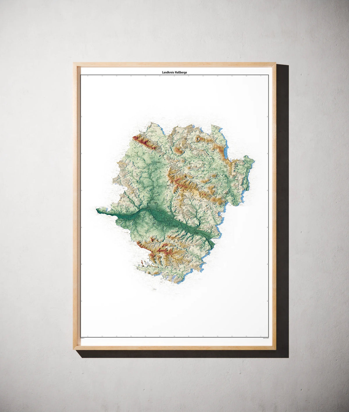 Landkreis Haßberge Poster als schattierte Reliefkarte, Farbvariante Petrol, gerahmt an einer Wand #c2