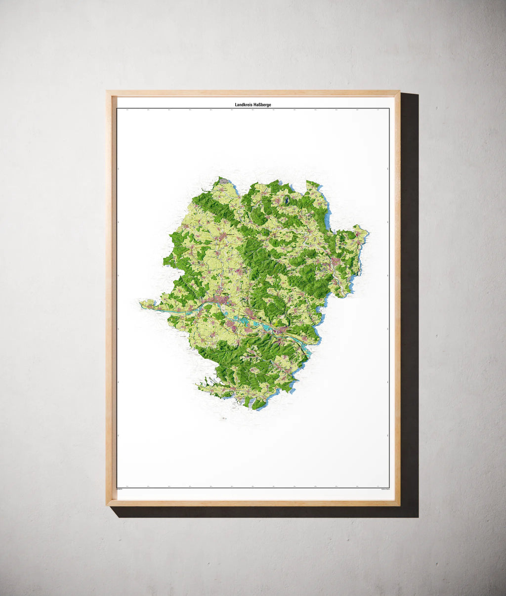 Landkreis Haßberge Poster als schattierte Reliefkarte, Farbvariante Topographisch, gerahmt an einer Wand #dtk