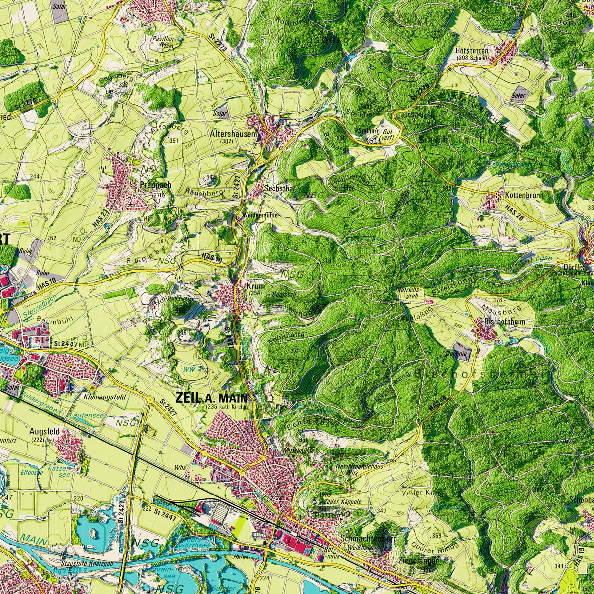 Landkreis Haßberge Poster, Detailansicht der Reliefkarte in der Farbvariante Topographisch #dtk