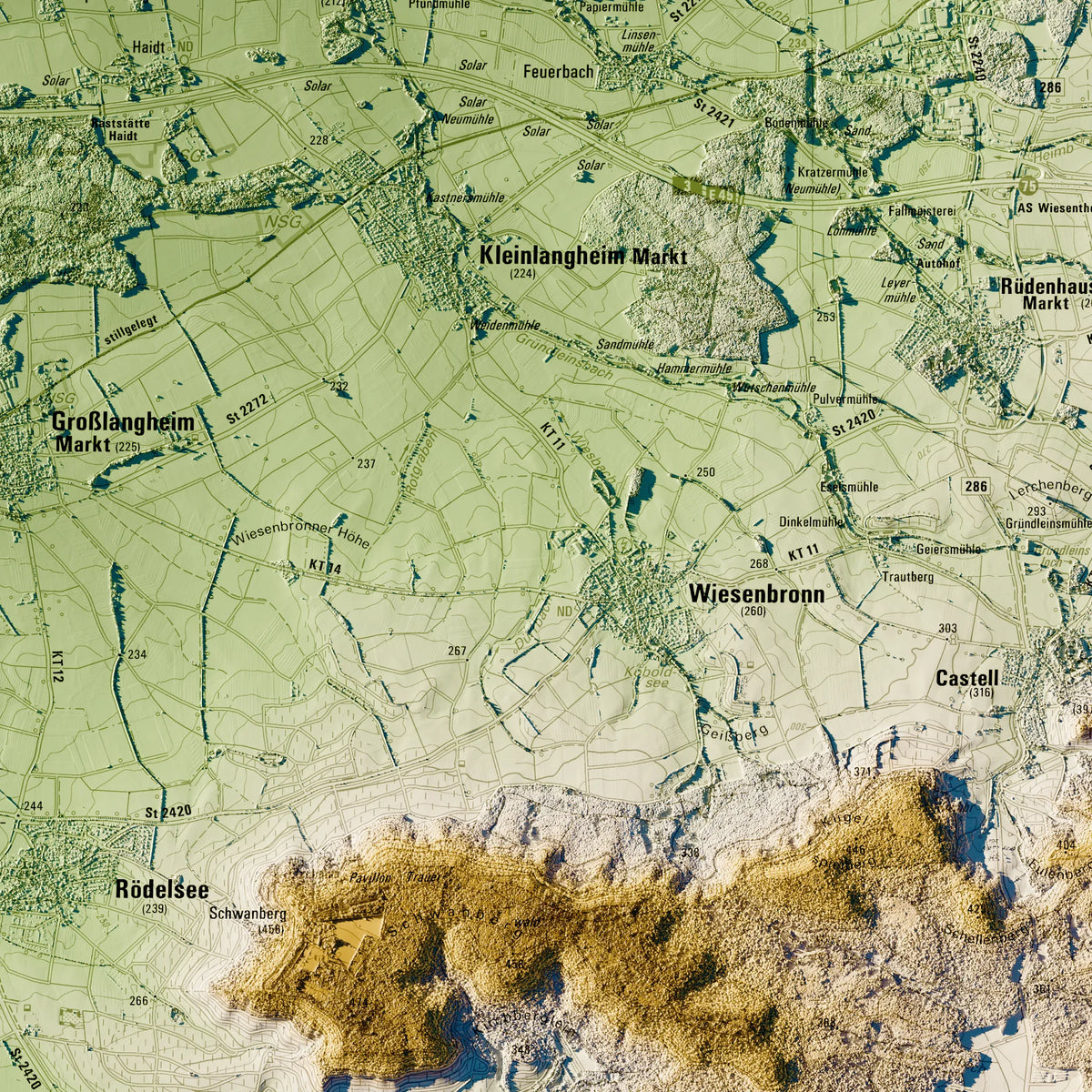 Landkreis Kitzingen Poster, Detailansicht der Reliefkarte in der Farbvariante Salbei #c1