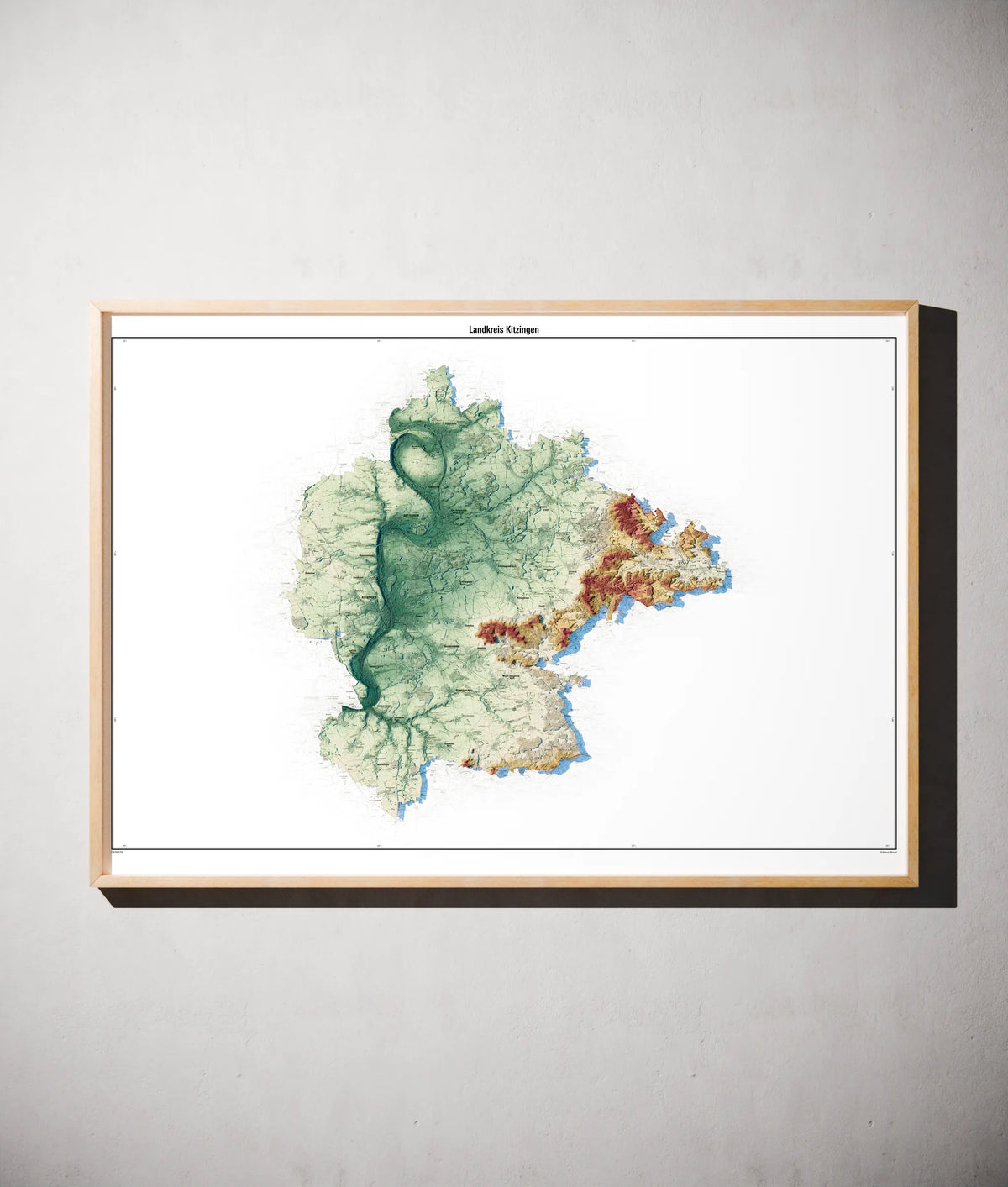Landkreis Kitzingen Poster als schattierte Reliefkarte, Farbvariante Petrol, gerahmt an einer Wand #c2