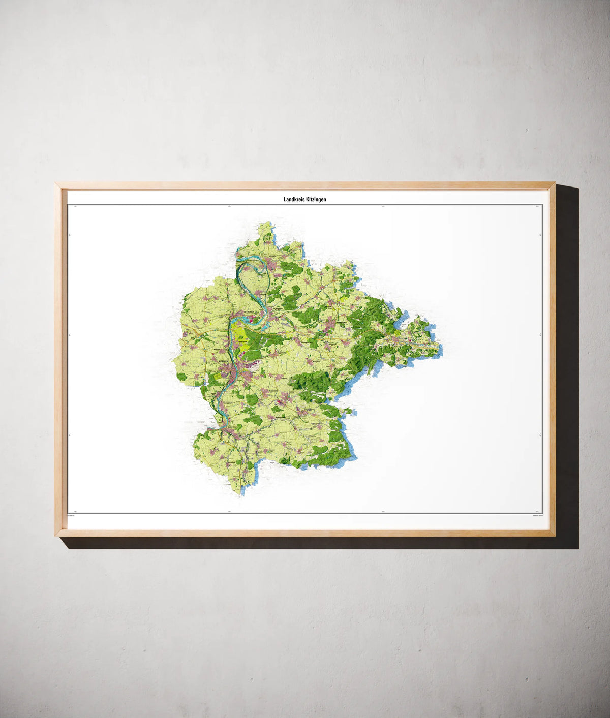 Landkreis Kitzingen Poster als schattierte Reliefkarte, Farbvariante Topographisch, gerahmt an einer Wand #dtk