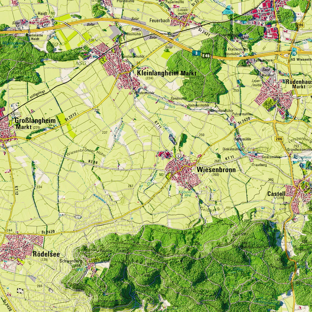 Landkreis Kitzingen Poster, Detailansicht der Reliefkarte in der Farbvariante Topographisch #dtk
