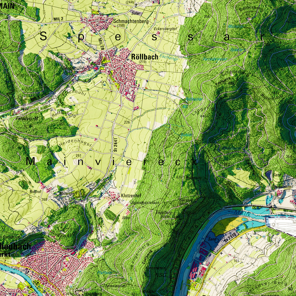 Landkreis Miltenberg Poster, Detailansicht der Reliefkarte in der Farbvariante Topographisch #dtk