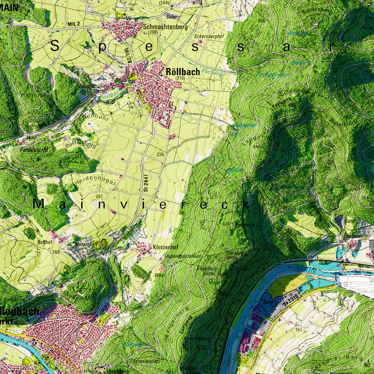 Landkreis Miltenberg Poster, Detailansicht der Reliefkarte in der Farbvariante Topographisch #dtk