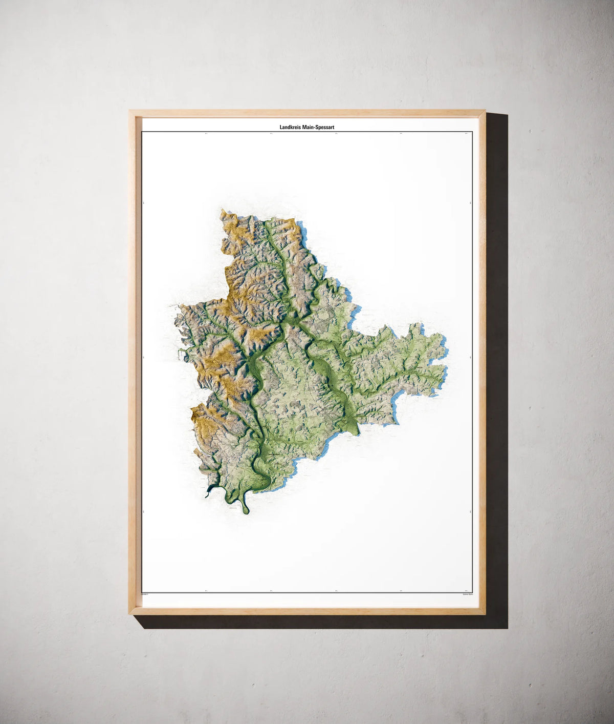 Landkreis Main-Spessart Poster als schattierte Reliefkarte, Farbvariante Salbei, gerahmt an einer Wand #c1