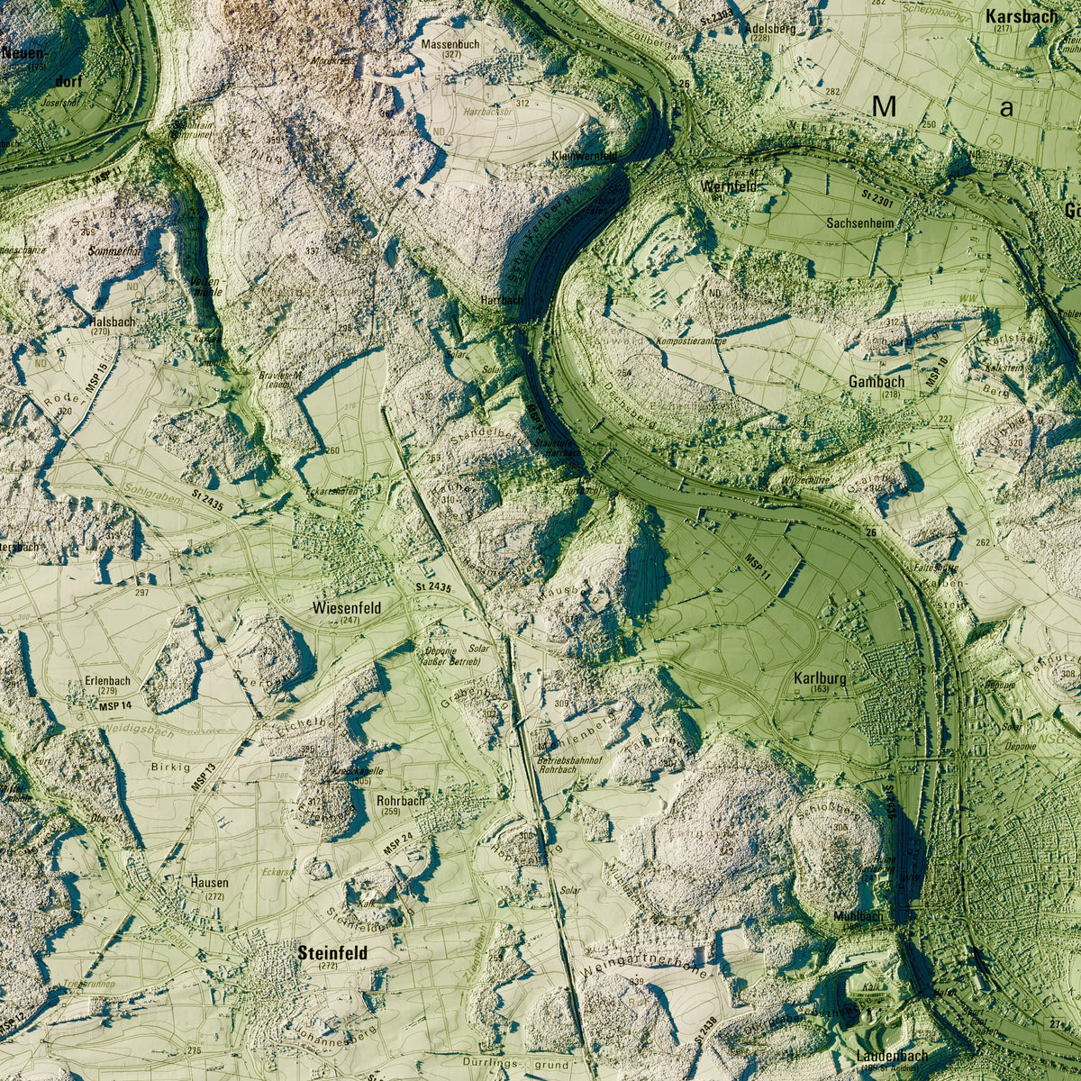 Landkreis Main-Spessart Poster, Detailansicht der Reliefkarte in der Farbvariante Salbei #c1