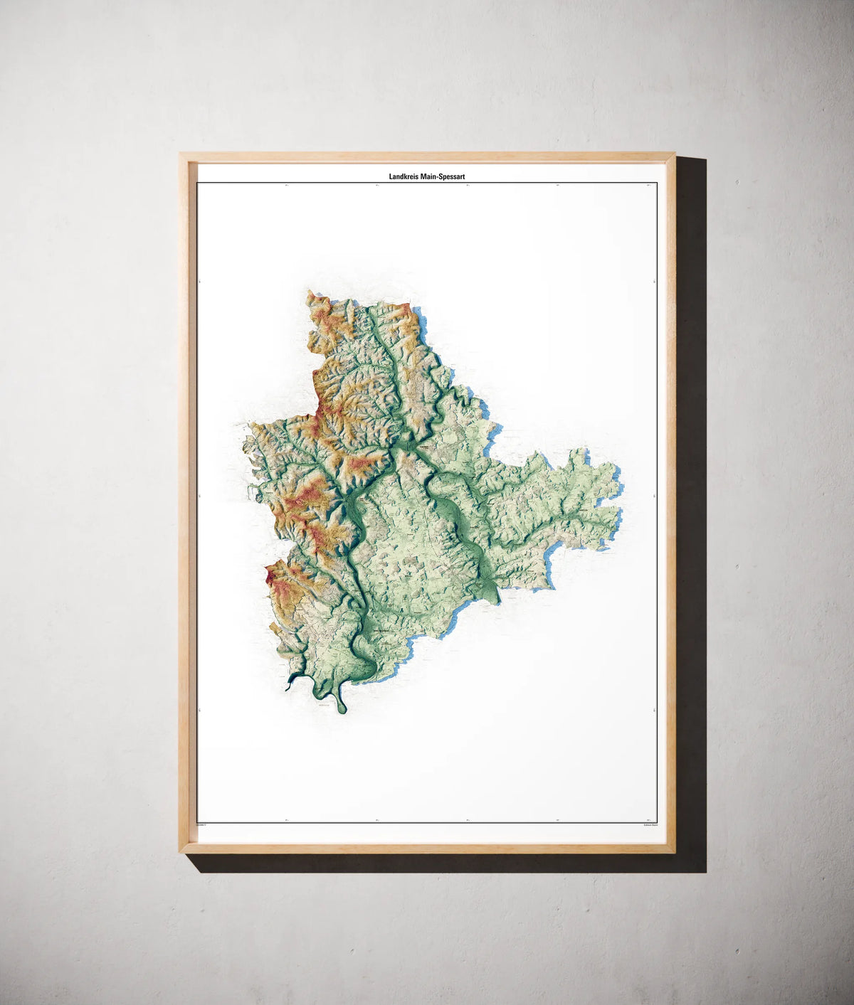 Landkreis Main-Spessart Poster als schattierte Reliefkarte, Farbvariante Petrol, gerahmt an einer Wand #c2