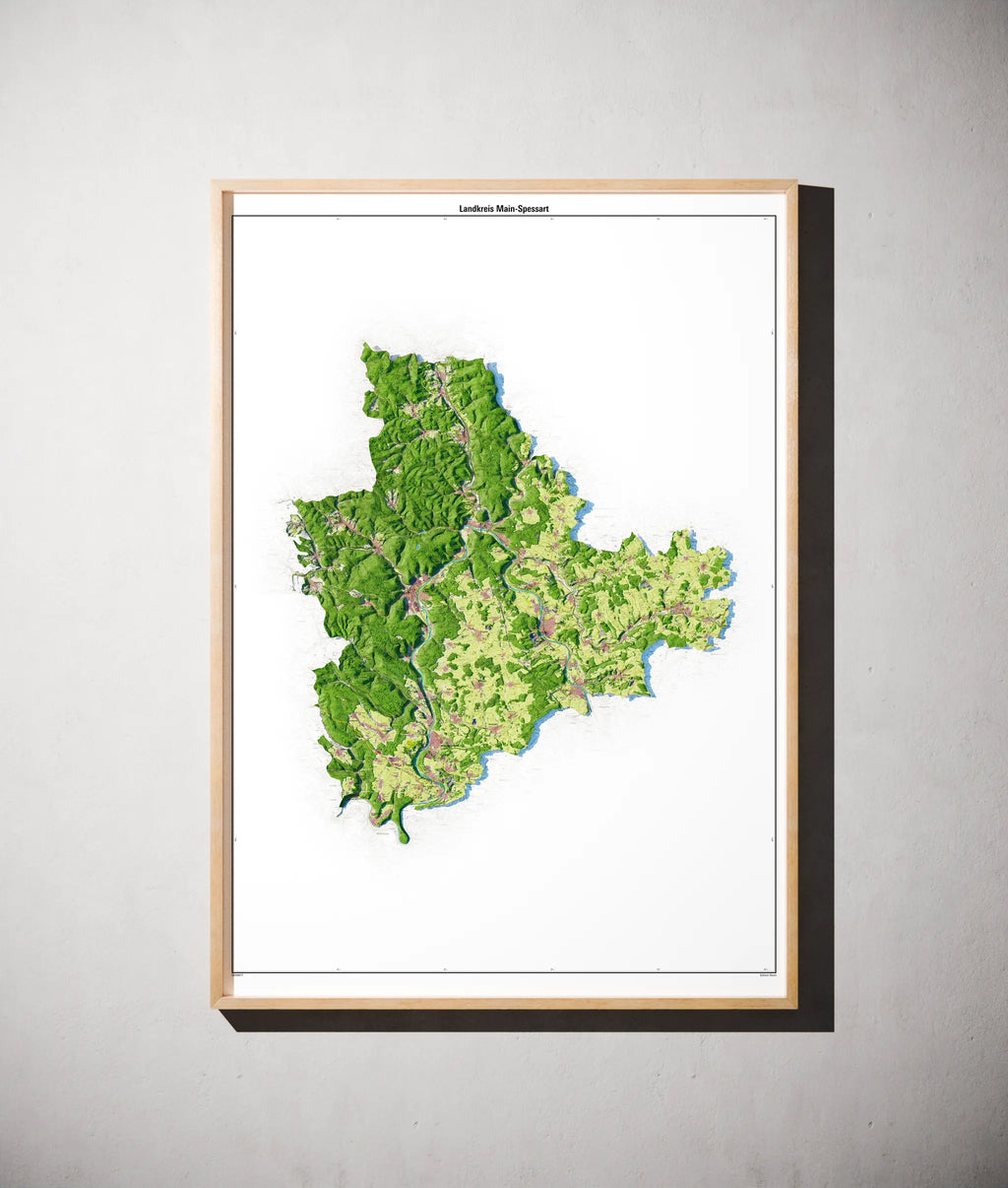 Landkreis Main-Spessart Poster als schattierte Reliefkarte, Farbvariante Topographisch, gerahmt an einer Wand #dtk