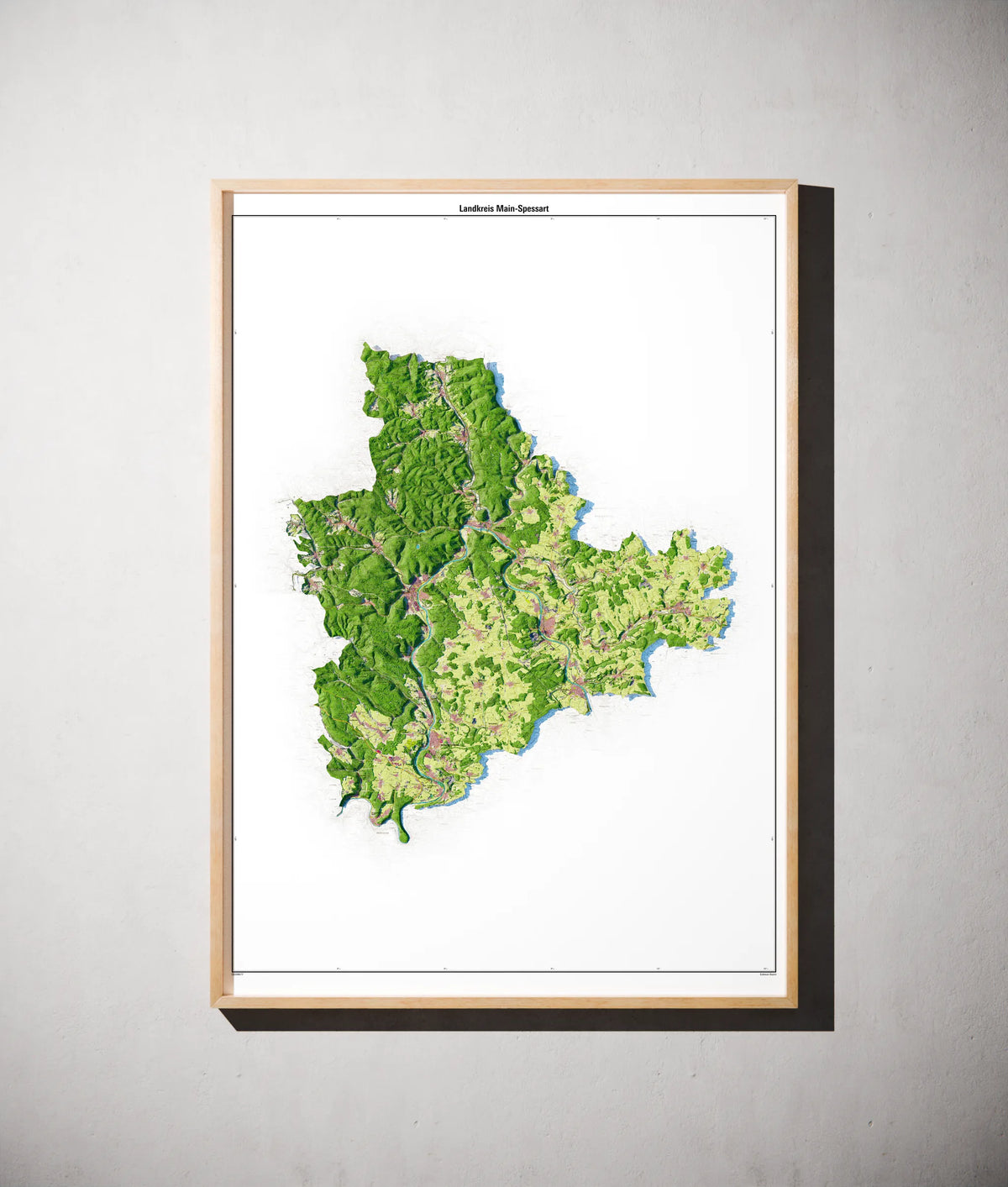 Landkreis Main-Spessart Poster als schattierte Reliefkarte, Farbvariante Topographisch, gerahmt an einer Wand #dtk