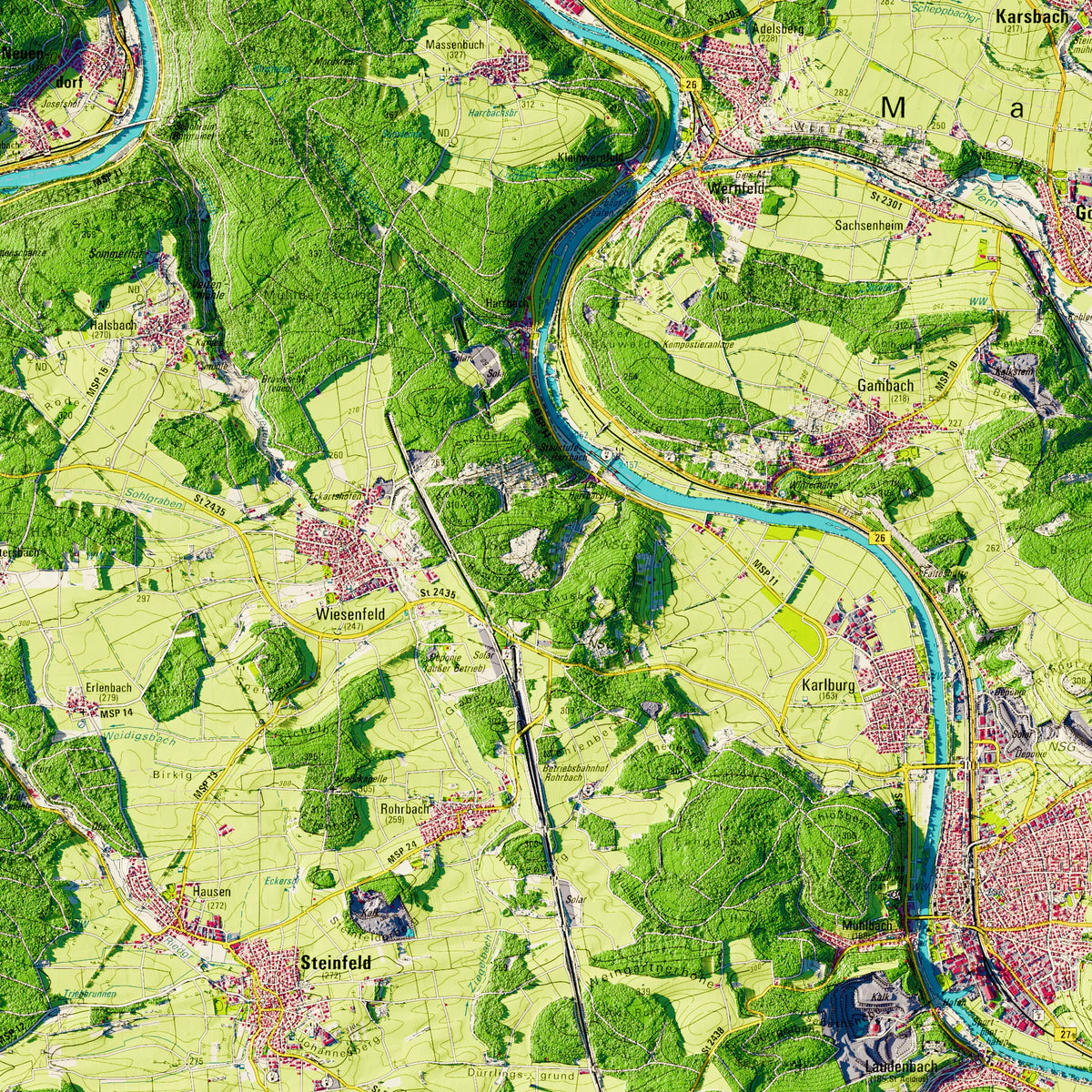 Landkreis Main-Spessart Poster, Detailansicht der Reliefkarte in der Farbvariante Topographisch #dtk