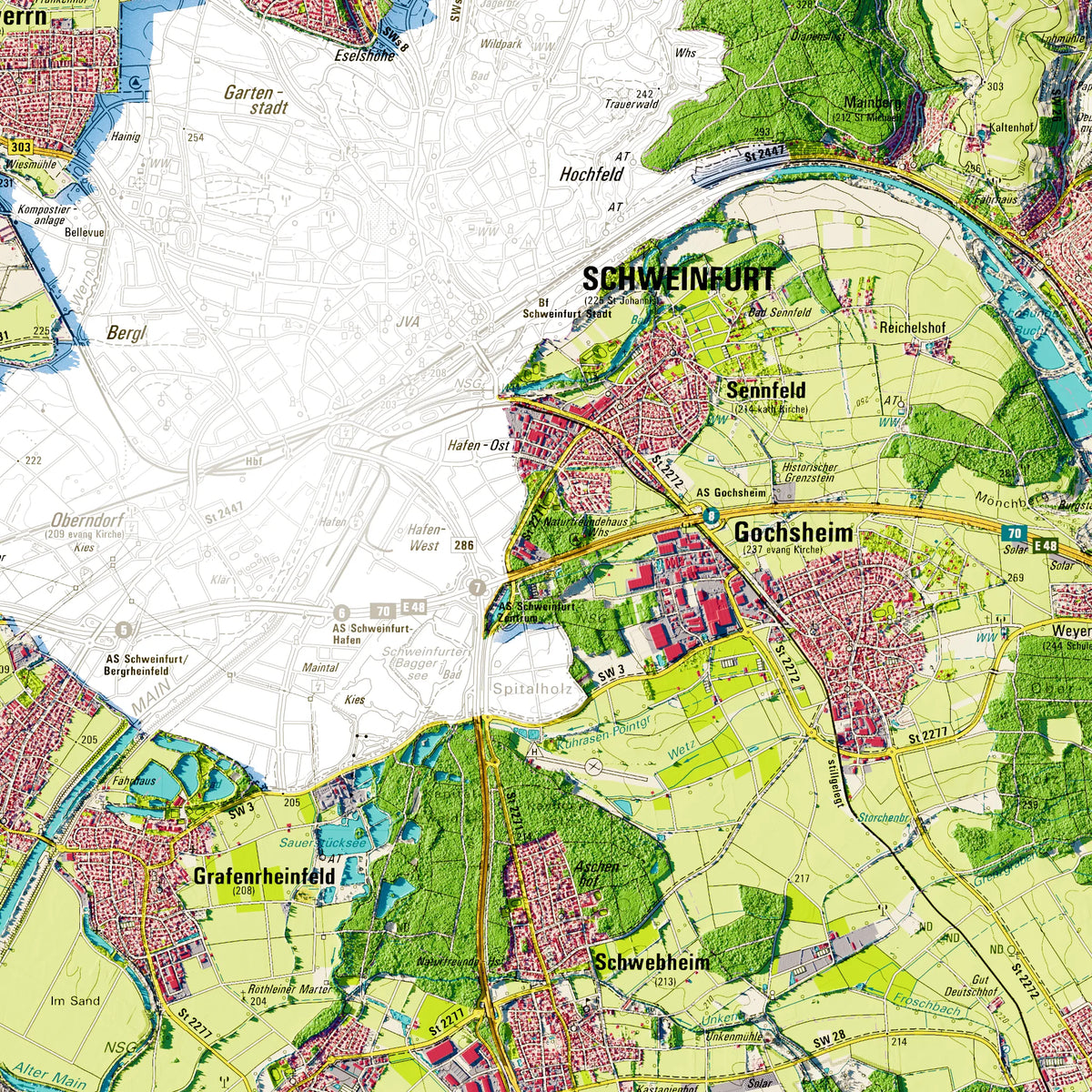 Landkreis Schweinfurt Poster, Detailansicht der Reliefkarte in der Farbvariante Topographisch #dtk