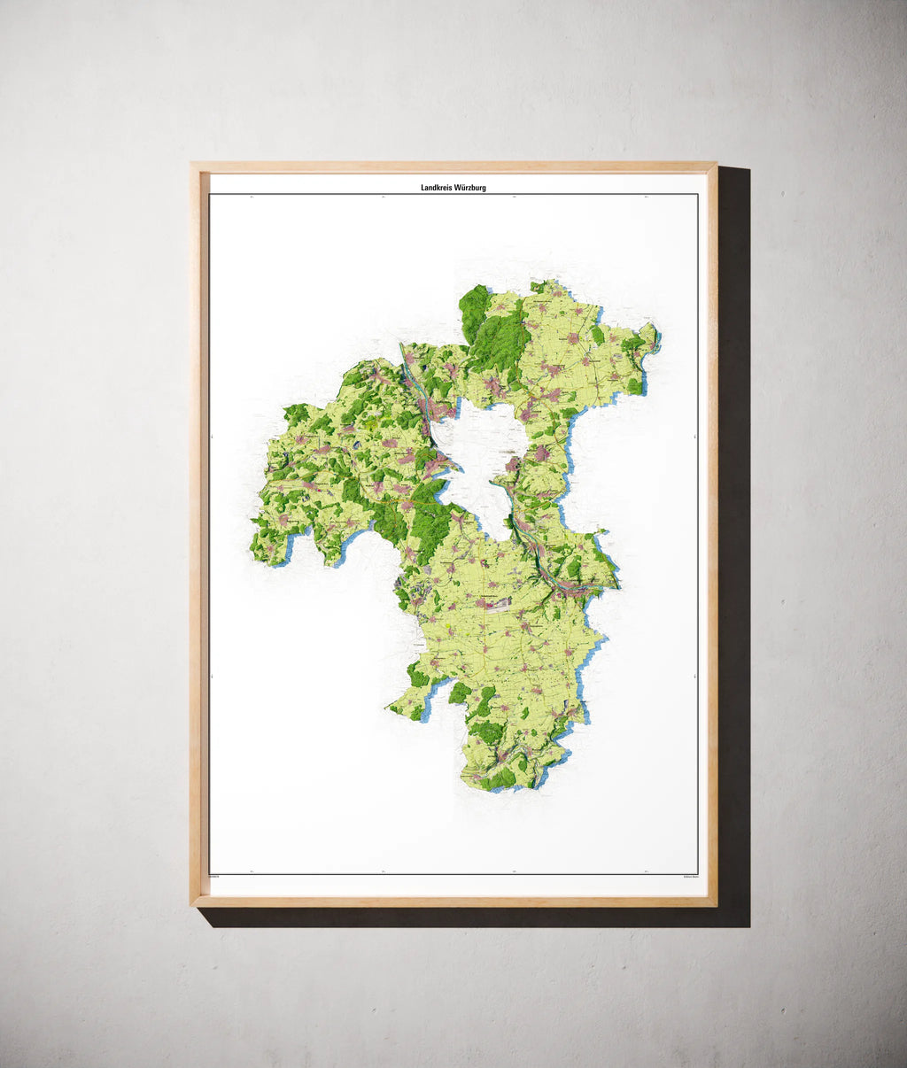 Landkreis Würzburg Poster als schattierte Reliefkarte, Farbvariante Topographisch, gerahmt an einer Wand #dtk
