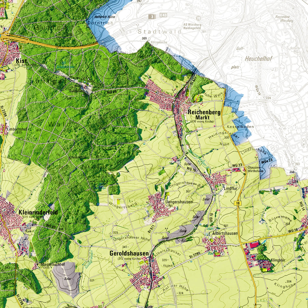 Landkreis Würzburg Poster, Detailansicht der Reliefkarte in der Farbvariante Topographisch #dtk