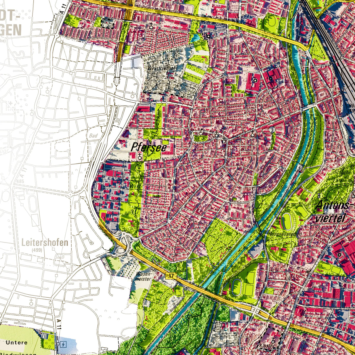 Stadt Augsburg Poster, Detailansicht der Reliefkarte in der Farbvariante Topographisch #dtk