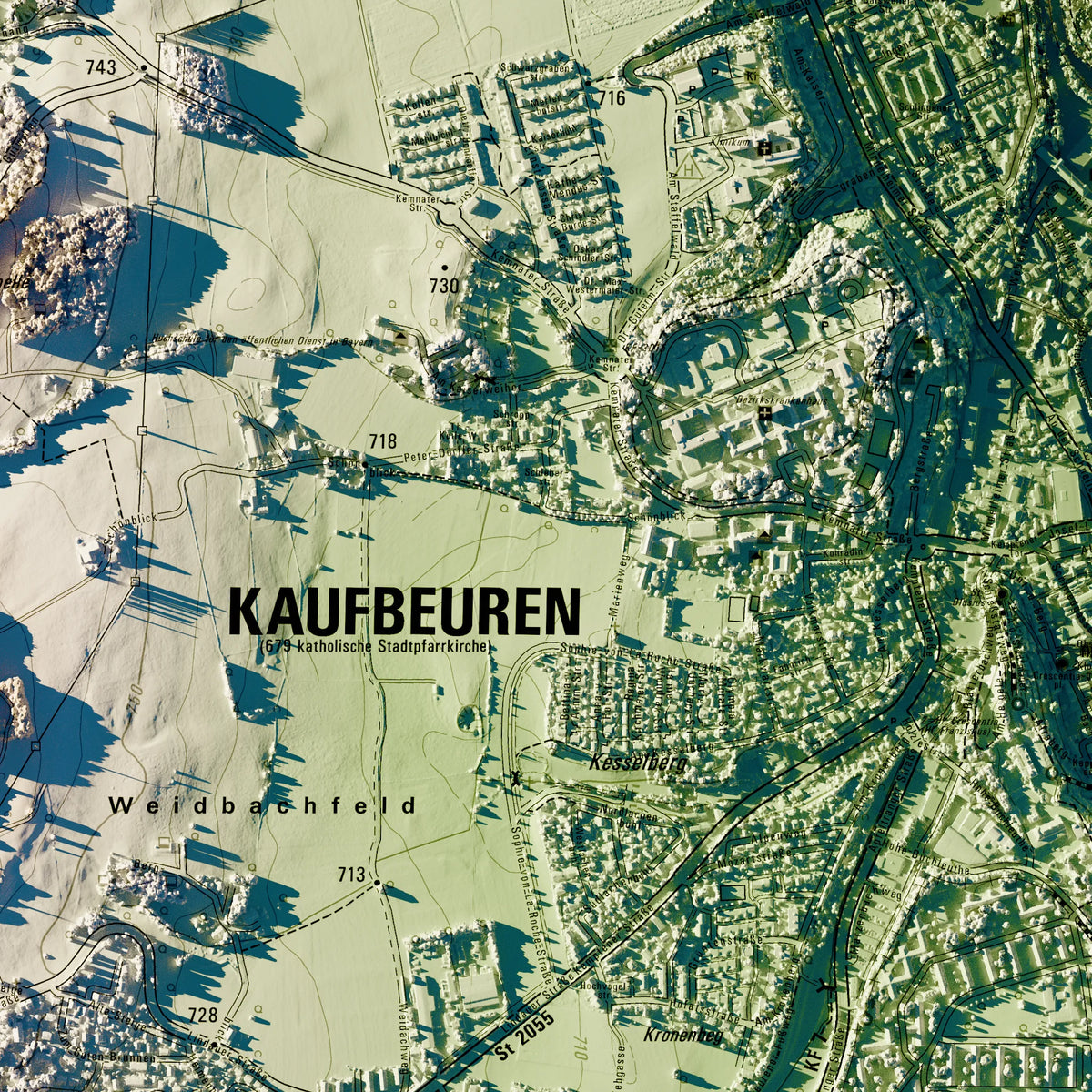 Stadt Kaufbeuren Poster, Detailansicht der Reliefkarte in der Farbvariante Salbei #c1