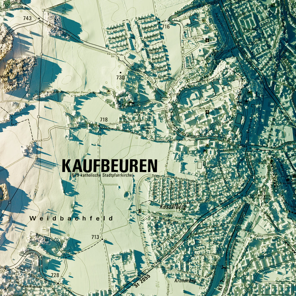 Stadt Kaufbeuren Poster, Detailansicht der Reliefkarte in der Farbvariante Petrol #c2