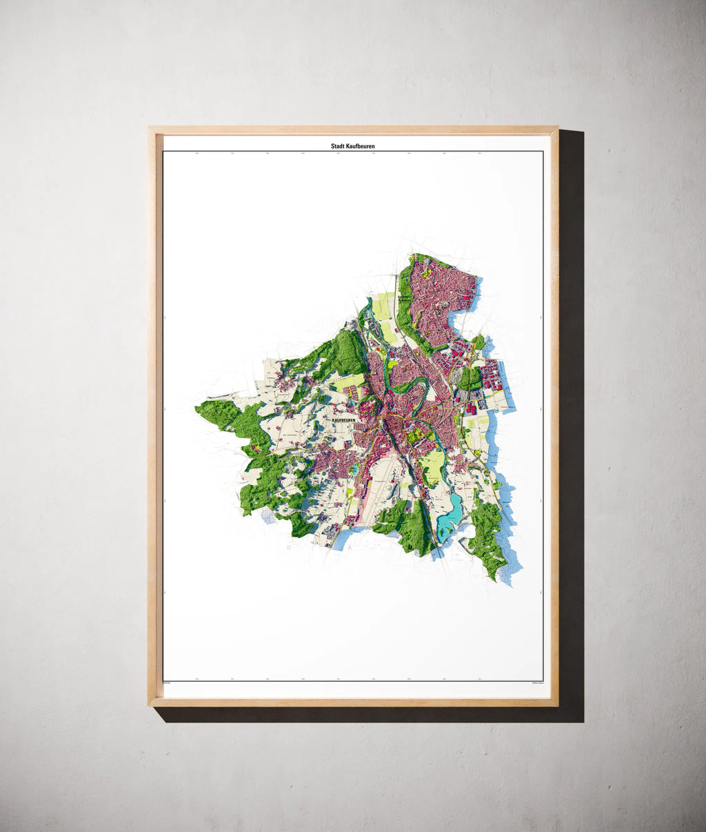 Stadt Kaufbeuren Poster als schattierte Reliefkarte, Farbvariante Topographisch, gerahmt an einer Wand #dtk