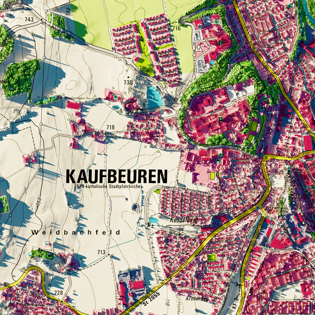 Stadt Kaufbeuren Poster, Detailansicht der Reliefkarte in der Farbvariante Topographisch #dtk