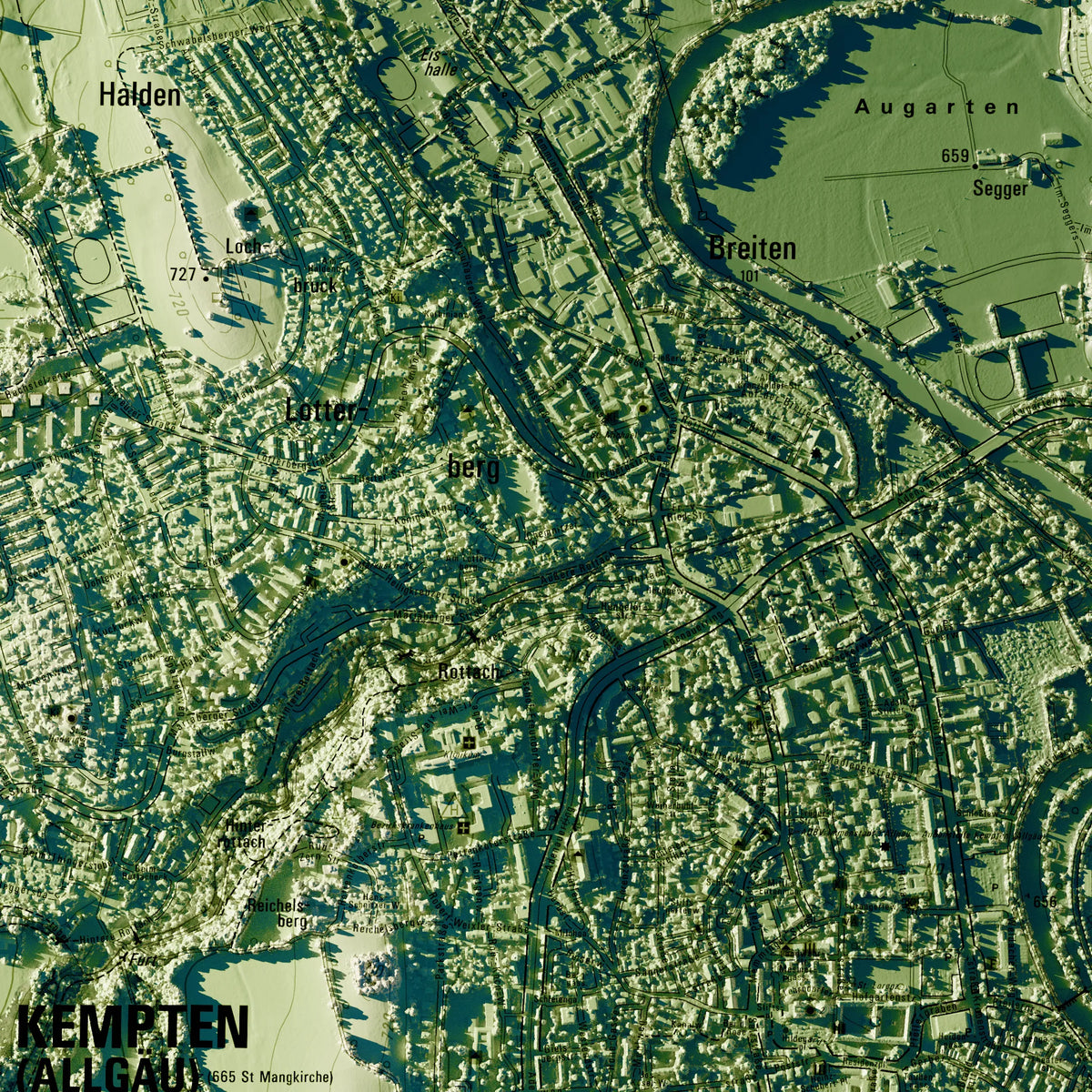 Stadt Kempten (Allgäu) Poster, Detailansicht der Reliefkarte in der Farbvariante Salbei #c1