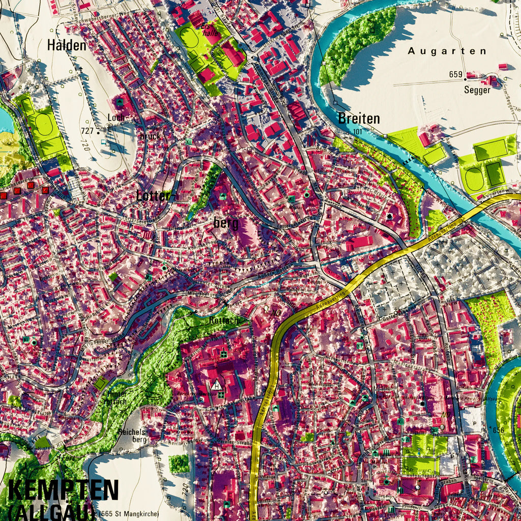 Stadt Kempten (Allgäu) Poster, Detailansicht der Reliefkarte in der Farbvariante Topographisch #dtk