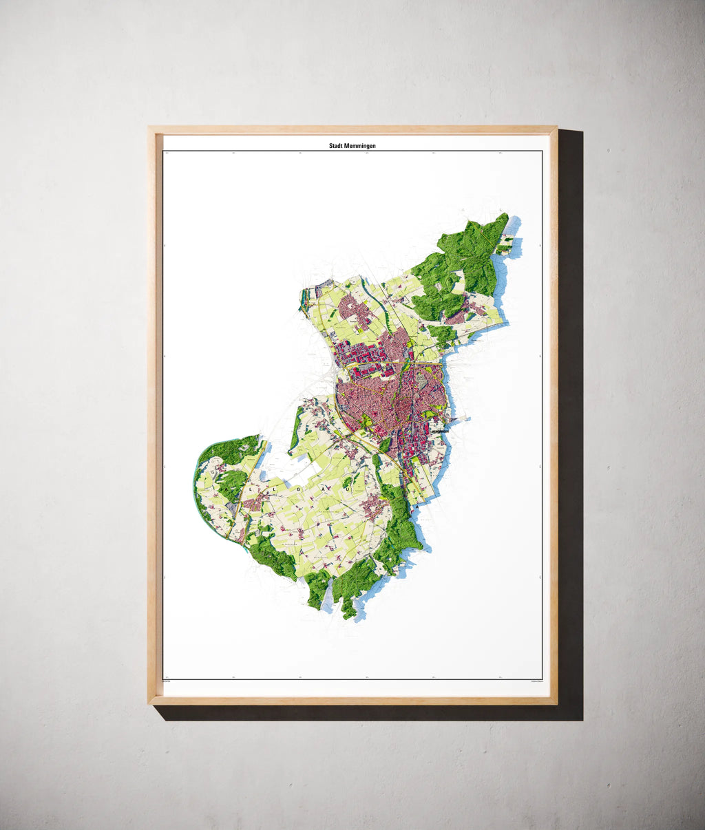 Stadt Memmingen Poster als schattierte Reliefkarte, Farbvariante Topographisch, gerahmt an einer Wand #dtk
