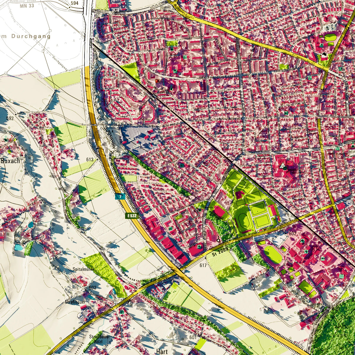 Stadt Memmingen Poster, Detailansicht der Reliefkarte in der Farbvariante Topographisch #dtk