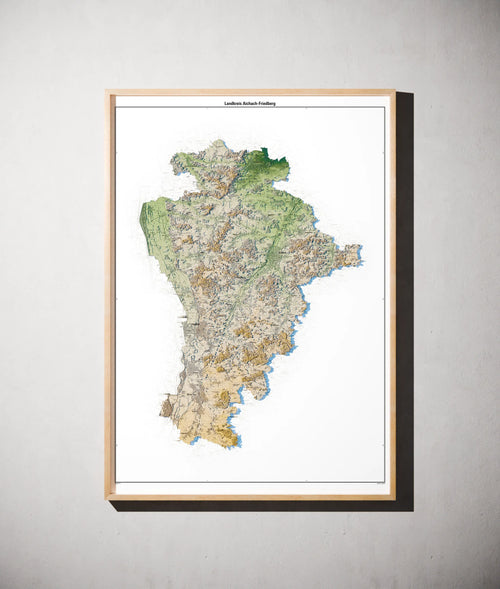 Landkreis Aichach-Friedberg Poster als schattierte Reliefkarte, Farbvariante Salbei, gerahmt an einer Wand #c1