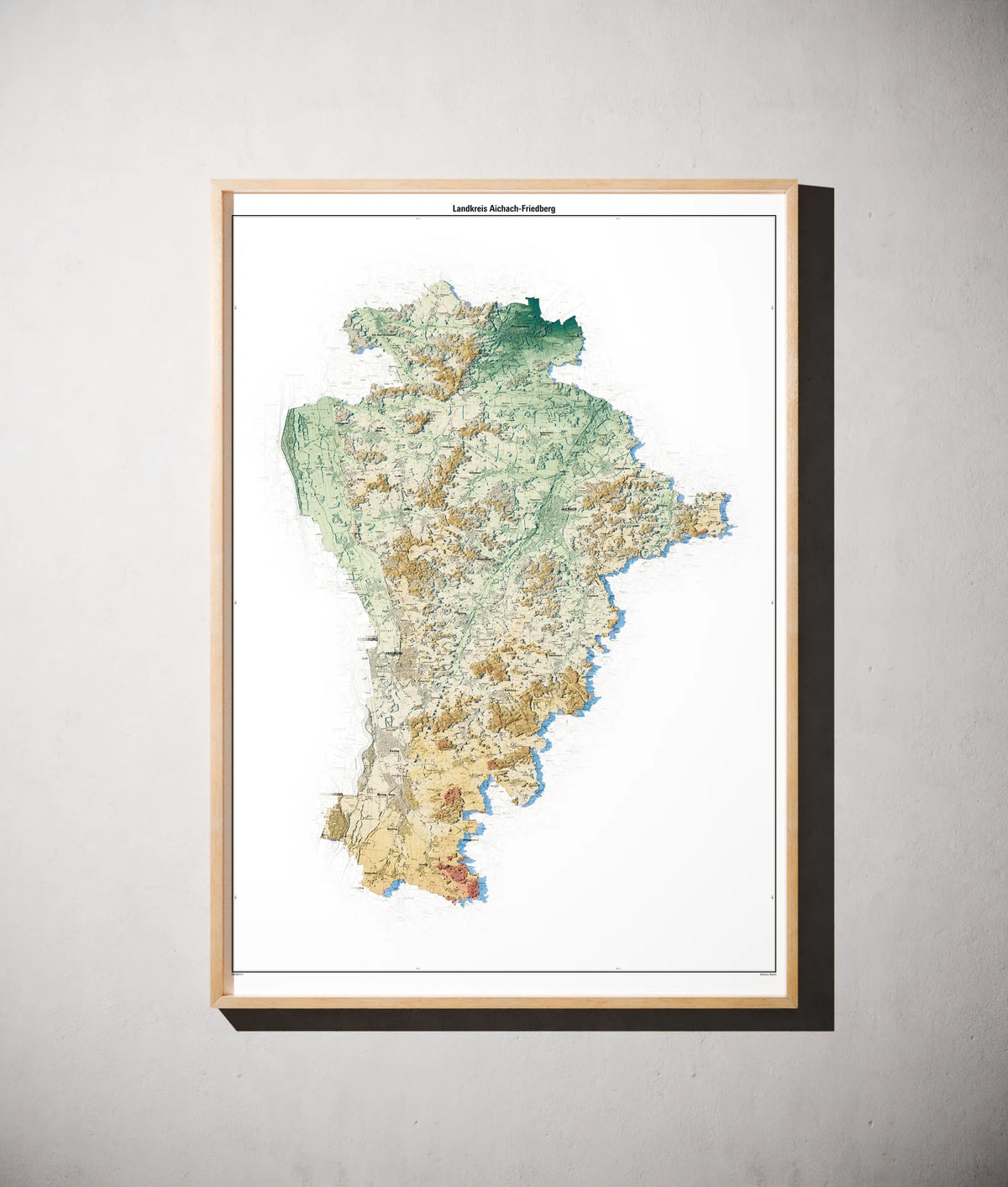 Landkreis Aichach-Friedberg Poster als schattierte Reliefkarte, Farbvariante Petrol, gerahmt an einer Wand #c2