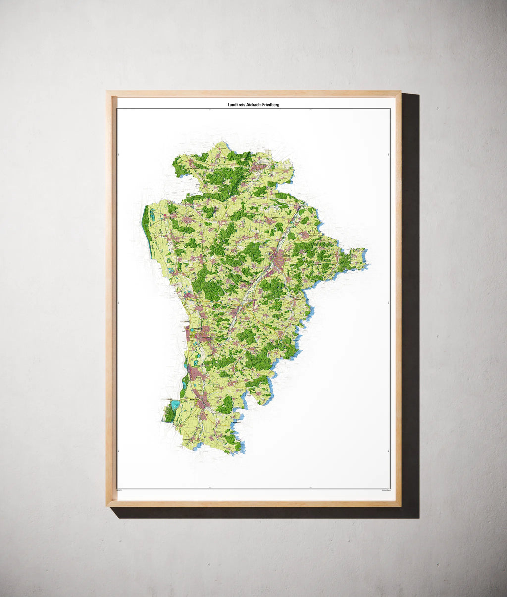 Landkreis Aichach-Friedberg Poster als schattierte Reliefkarte, Farbvariante Topographisch, gerahmt an einer Wand #dtk