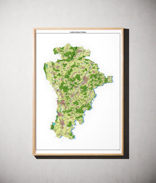Landkreis Aichach-Friedberg Poster als schattierte Reliefkarte, Farbvariante Topographisch, gerahmt an einer Wand #dtk
