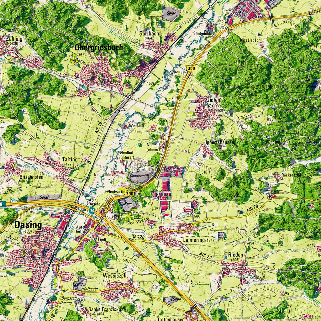 Landkreis Aichach-Friedberg Poster, Detailansicht der Reliefkarte in der Farbvariante Topographisch #dtk
