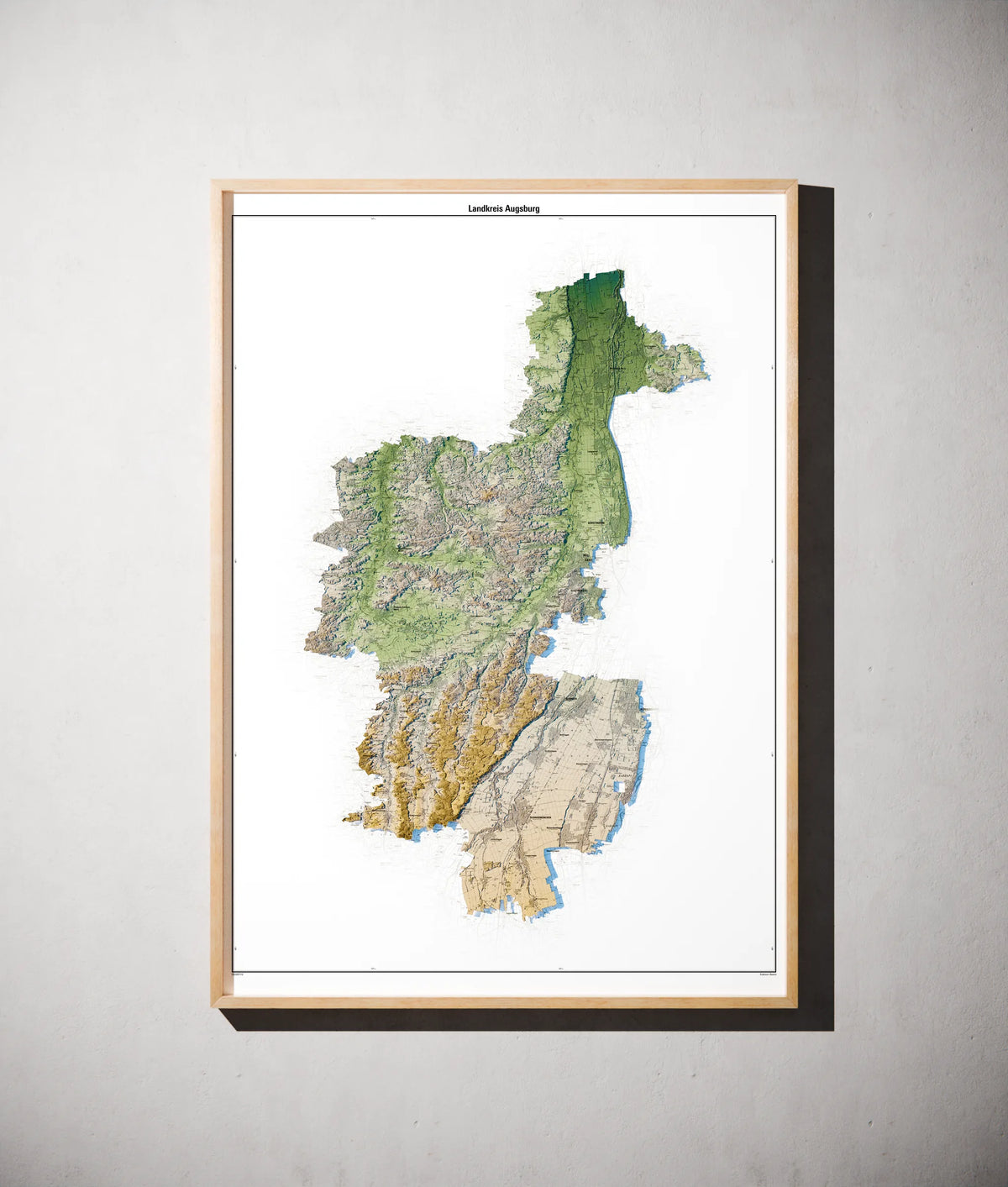 Landkreis Augsburg Poster als schattierte Reliefkarte, Farbvariante Salbei, gerahmt an einer Wand #c1
