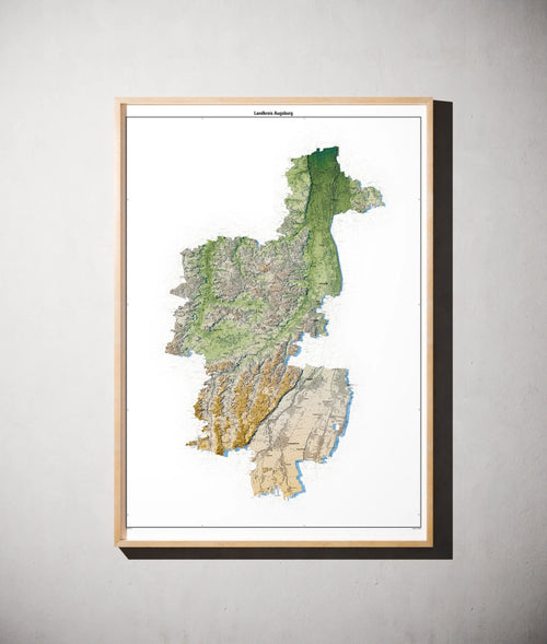 Landkreis Augsburg Poster als schattierte Reliefkarte, Farbvariante Salbei, gerahmt an einer Wand #c1